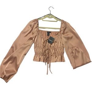 forever 21 Satin Rose Gold Long Sleeve Crop Top With Open Ties size S